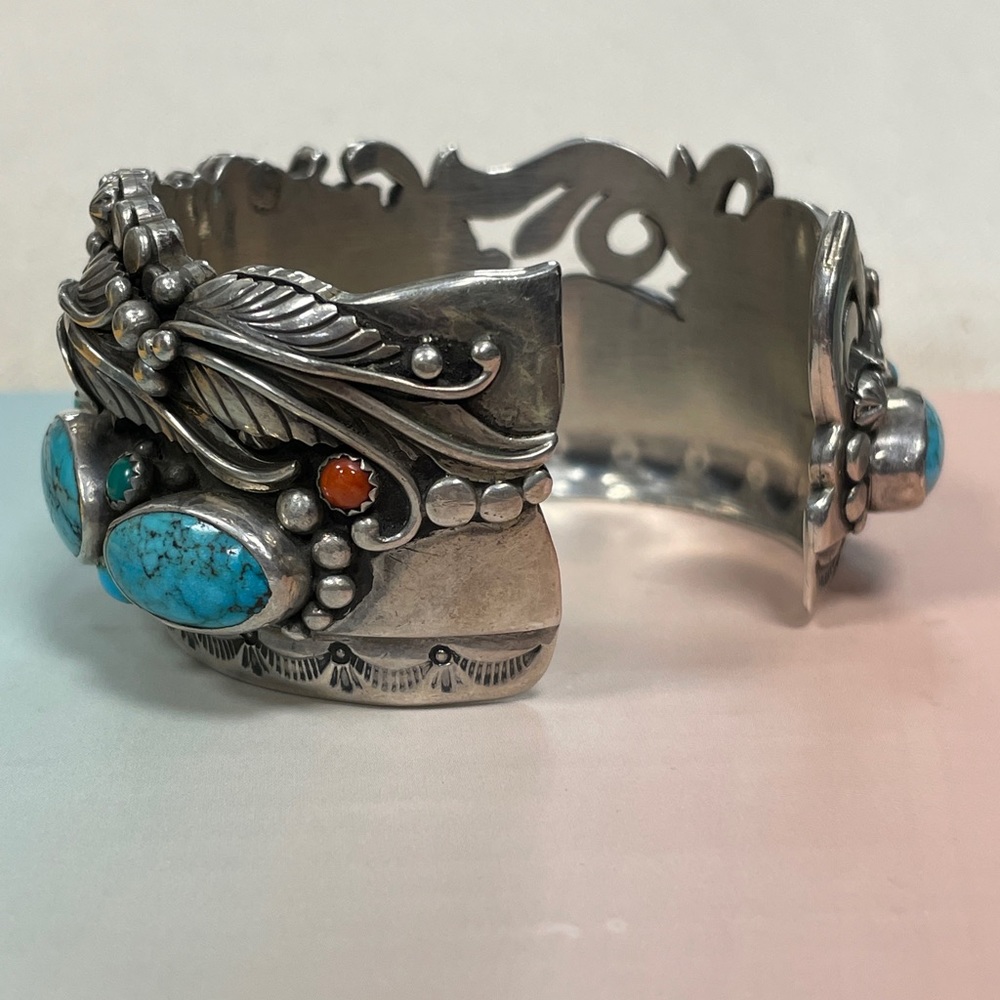 Native American Sterling Silver Turquoise Decorative Bangle Bracelet Watch - Picture 8 of 15